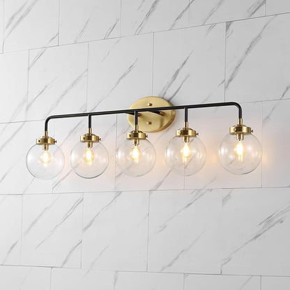 JONATHAN Y 38" Black/Brass Gold 5-Light LED Wall Sconce Vanity Lighting, Clear Glass Globe Shade Modern Contemporary Sconce for Bathroom Mirror, Hallway, UL Listed (JYL9555A)