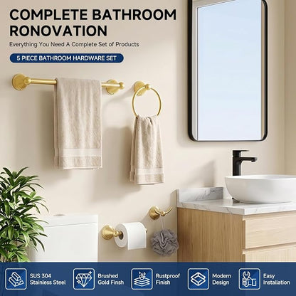 Sagetta Bathroom Hardware Set, 5-Piece Bath Accessories Set Wall Mount Includes 20 in Towel Bar, 16 in Towel Bar, Towel Ring, TP Holder, Towel Hook Brushed Gold