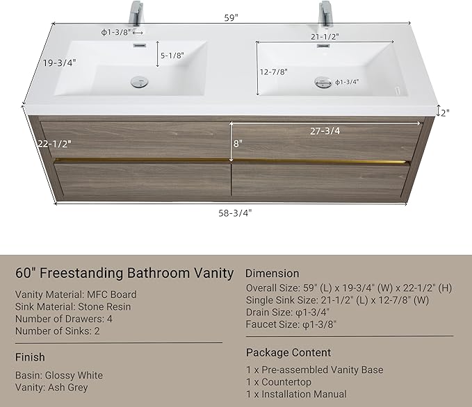 60" Wall-Mounted Bathroom Vanity, Double Sink Floating Cabinet with Stone Resin Countertop & Soft-Close Drawers, Modern Floating Storage Solution,Ash Grey