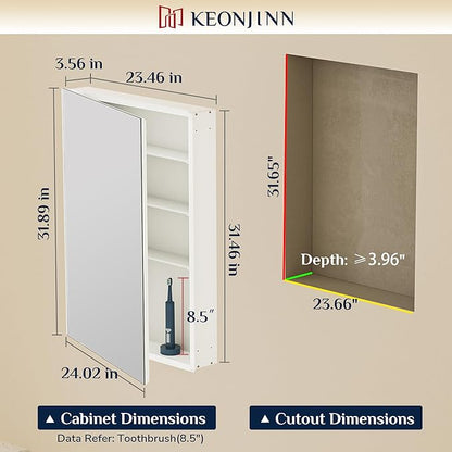 Keonjinn 24x32 Inch White Bathroom Medicine Cabinet Mirror, Tempered Glass | Assembly Needed, Freely Adjustable Shelves, Recessed or Wall-Mounted, Soft Close with DTC Hinges, Lightweight Aluminum Frame
