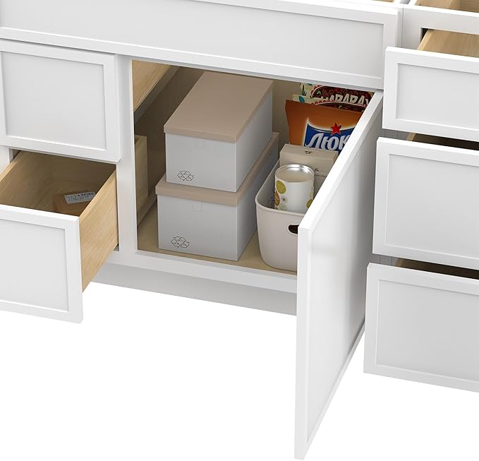 HomeBeyond 84 Inches Bathroom Vanity Base Cabinet Without Sink, Double Sink Top with Door & Soft Closing Drawers, Sturdy Floor Mounted Cabinet 2-Door 7-Drawer, White