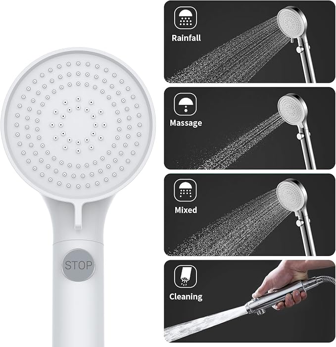 RV Shower Head with Hose and On/Off Button, High Pressure 5 Mode Shower Head Replacement, Easy Install, White –Upgrade for RV, Camper, Van, Travel Trailer, Motorhome, Boat and Tiny Home