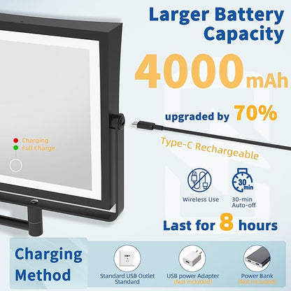Ruacq Rechargeable Wall Mounted Makeup Mirror with Lights, Double Sided 1X/10X Magnifying Vanity Mirror with 3 Color Lighting, Touch Screen Dimmable, 360° Rotation Extension Foldable Arm(Matte Black)