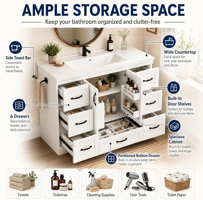 Bellemave 48" Bathroom Vanity with Sink, Bathroom vanities, Grey Bathroom Vanity with Drawers, Sink Cabinet, White, 48"