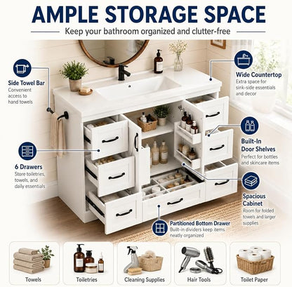 Bellemave 48" Bathroom Vanity with Sink, Bathroom vanities, Grey Bathroom Vanity with Drawers, Sink Cabinet, White, 48"