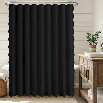 BTTN 108x72 Boho Scalloped Linen Textured Cloth Shower Curtain Set, Black | Extra Wide Size, 230GSM Waterproof Polyester, Heavy Duty Fabric, 18 Plastic Hooks, Modern Farmhouse Style, Machine Washable