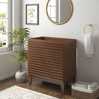 30 Inch Bathroom Vanity Base Cabinet, Walnut Freestanding Bathroom Storage Cabinet Base Only, Modern Wood Grain Vanity Cabinet with Solid Wood Legs and Soft Close Doors, Sink Not Included