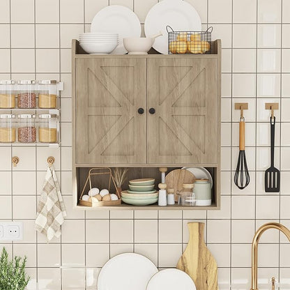 EasyCom 22" W x 26" H Bathroom Wall Cabinet, Farmhouse Medicine Cabinet with Adjustable Shelves and Double Barn Doors, Over The Toilet Storage Cabinet for Bathroom, Kitchen, Living Room, Oak Grey
