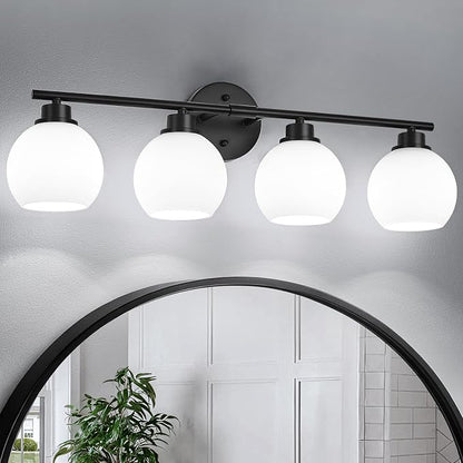 Matte Black Bathroom Light Fixtures, 4-Light Vanity Light Over Mirror | Modern Bathroom Lighting Over Mirror, Wall Sconces, Milky White Globe Glass Shades, E26 Socket,ETL Listed