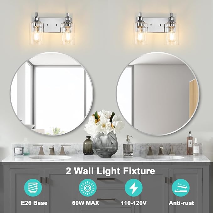 2-Light Bathroom Light Fixtures Modern Chrome Vanity Lights for Bathroom Lighting Fixtures Over Mirror for Cabinet Mirror Bedroom Hallway