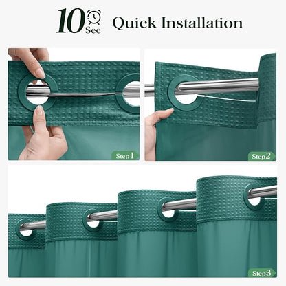 Seaweed Green Hook Free Waffle Shower Curtain & Snap Liner,72x75 | Less Time to install, 3 in 1 Fabric Shower Curtain and Liner Set with Magnets, Mesh Top Window, Shower Curtains for Bathroom