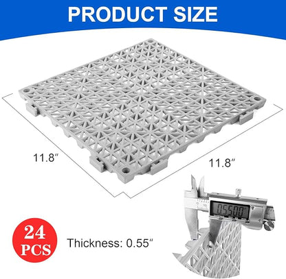 Modular Interlocking Cushion 24 Pack 11.8" x 11.8" Rubber Floor Tiles Non-Slip Splicing Drainage Mats for Deck, Pool, Outdoor Shower, Patio, Balcony, Indoor Bathroom, Kitchen, Yard (Gary)