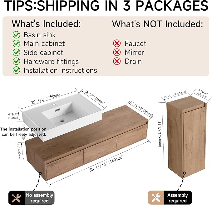 60 Inch Floating Bathroom Vanity with Single Sink, Modern Wall-Mounted Bathroom Cabinet with Resin Sink & Soft Close Drawer & Side Cabinet, Split-Level Layout (Nature Oak, 60"+1 Side Cabinet)