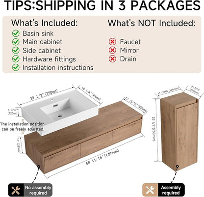 60 Inch Floating Bathroom Vanity with Single Sink, Modern Wall-Mounted Bathroom Cabinet with Resin Sink & Soft Close Drawer & Side Cabinet, Split-Level Layout (Nature Oak, 60"+1 Side Cabinet)