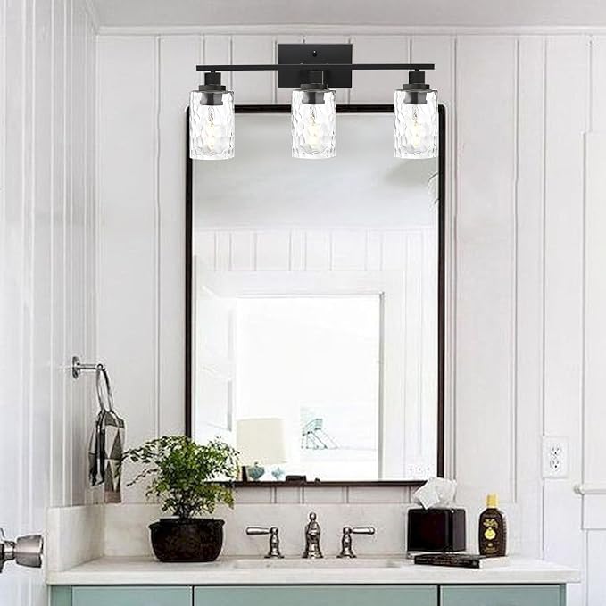 MELUCEE 3-Light Bathroom Light Fixtures Black Finish with Hammered Glass | Vanity Lights Over Mirror Industrial Wall Light Fixture Suitable for Living Room Porch Kitchen (Patent No.: US D963914 S)