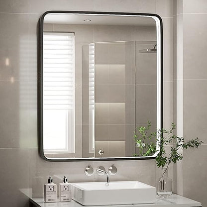30X36 Inch LED Lighted Bathroom Mirror,Black Frame,3 Color | Lighted Vanity Mirror, Large Wall Mounted Makeup Mirror, 6000K, Dimmable Anti-Fog