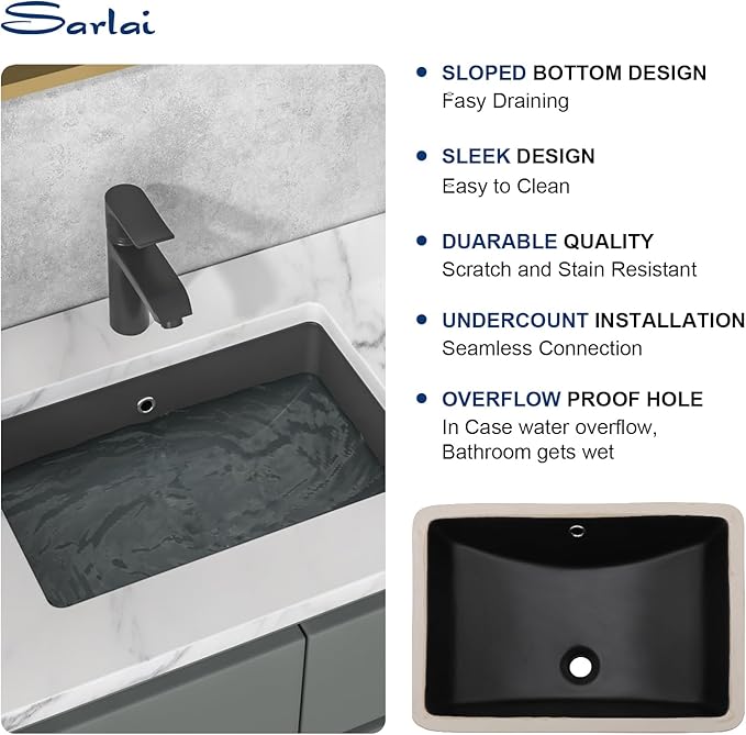 Sarlai Undermount Bathroom Sink - 21 x 15 inch Rectangular Vessel Sink Undermount Modern Ceramic Rectangle Vanity Sink Art Basin with Overflow, Interior Bowl Size 19-2/9" x 13-1/9"