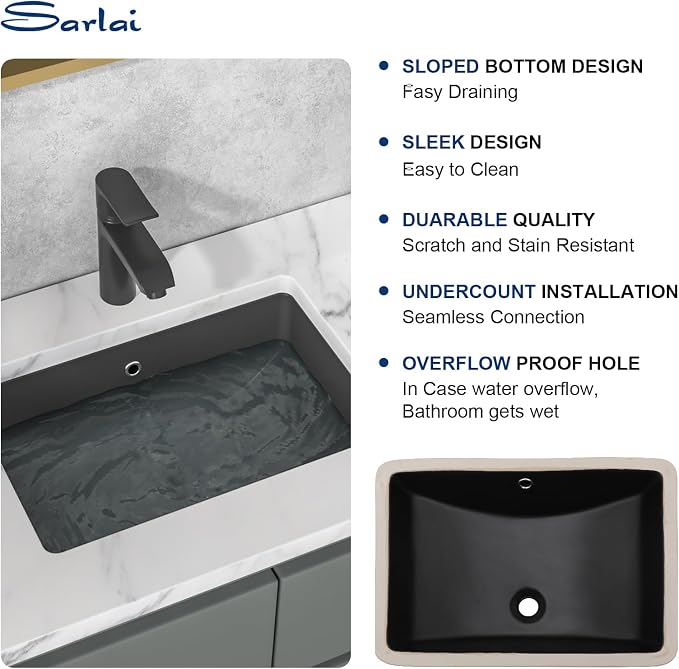 Sarlai Undermount Bathroom Sink - 21 x 15 inch Rectangular Vessel Sink Undermount Modern Ceramic Rectangle Vanity Sink Art Basin with Overflow, Interior Bowl Size 19-2/9" x 13-1/9"