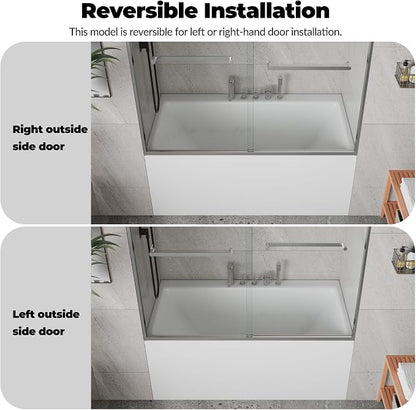 Double Sliding Tub Shower Door 56-60 Inch W× 59 Inch H Framed – Brushed Silver Aluminum Frame Bypass Door with 6mm Tempered Glass, Easy Clean Coating for Bathtub