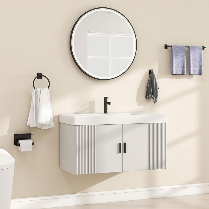 Matte Black Bathroom Accessories Set 4-Pieces, Towel Racks for Bathroom 24Inch Towel Bar, Towel Ring, Towel Hooks, Toilet Paper Holder with Shelf, Stainless Steel Wall Mounted Bathroom Hardware Set