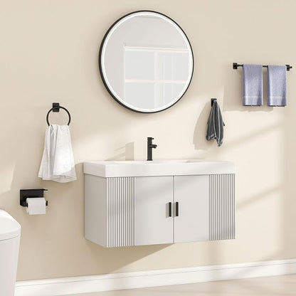 Matte Black Bathroom Accessories Set 4-Pieces, Towel Racks for Bathroom 24Inch Towel Bar, Towel Ring, Towel Hooks, Toilet Paper Holder with Shelf, Stainless Steel Wall Mounted Bathroom Hardware Set