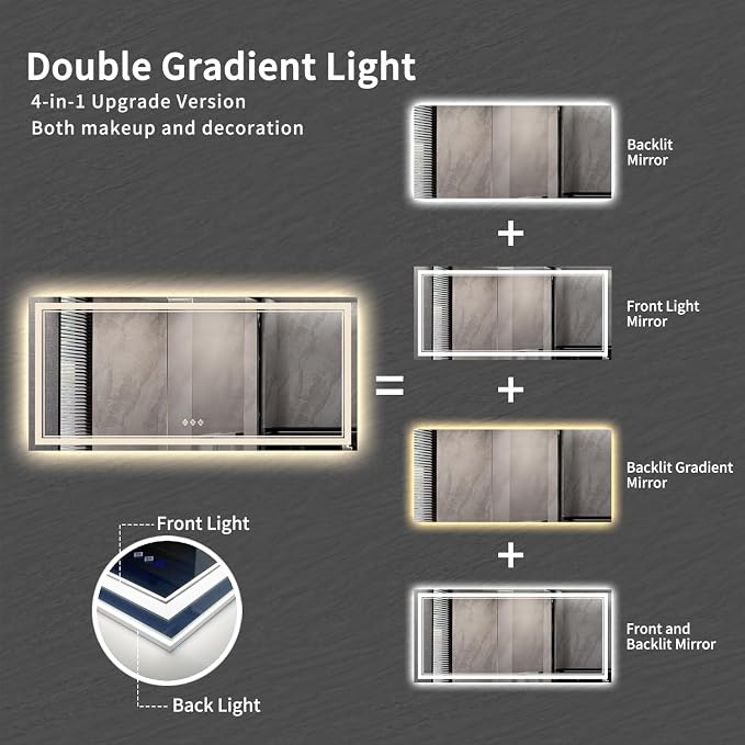 Big Bathroom Mirror, 84x40 Inch Gradient Front and Backlit Lighted Mirror, 3 Colors Dimmable CRI>90 Double Lights, IP54 Enhanced Anti-Fog, Wall Mount LED Vanity Mirror
