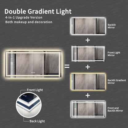 Big Bathroom Mirror, 84x40 Inch Gradient Front and Backlit Lighted Mirror, 3 Colors Dimmable CRI>90 Double Lights, IP54 Enhanced Anti-Fog, Wall Mount LED Vanity Mirror