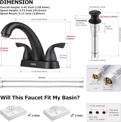 PARLOS 2-Handle Bathroom Sink Faucet with Drain Assembly and Supply Hoses Matte Black,1359804