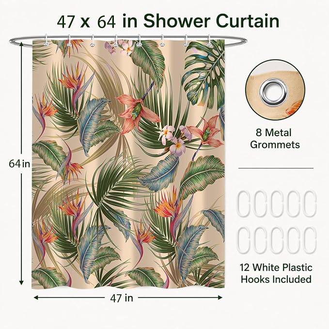 Tropical Shower Curtain, Colourful Leaves Floral Palm Leaf Hawaiian Botanical Plant Bathroom Decor, Waterproof Cloth Fabric Bath Curtain with Hooks 47 x 64 inch