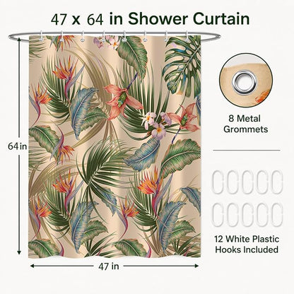 Tropical Shower Curtain, Colourful Leaves Floral Palm Leaf Hawaiian Botanical Plant Bathroom Decor, Waterproof Cloth Fabric Bath Curtain with Hooks 47 x 64 inch