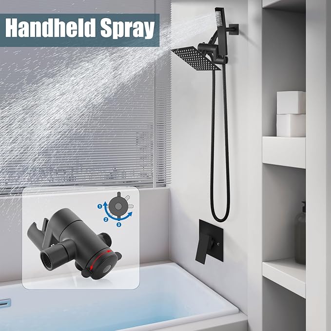 Aolemi Shower Head and Handle Set with Handheld Spray Bathroom Shower Faucet Set 6 Inch Rainfall Shower Head System Wall Mount with Rough-in Valve and Shower Trim Kit Matte Black
