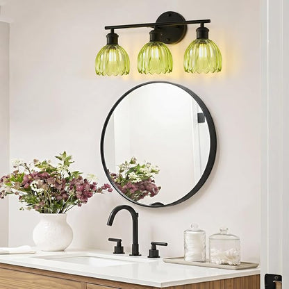 Bathroom Light Fixtures, 3-Light Brushed Black Vanity Lights for Bathroom with Green Tulip Glass Shade, 20" Vintage Bathroom Vanity Lighting Fixtures Over Mirror for Bedroom Living Room Hallway
