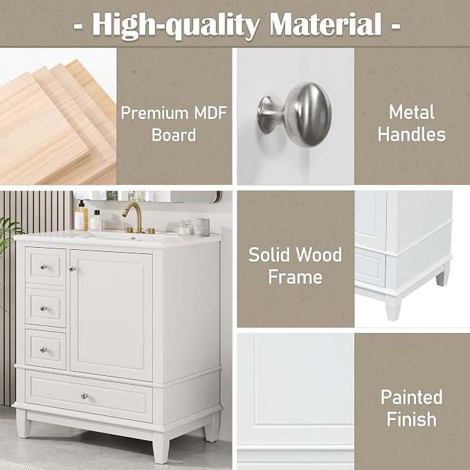 30" Vanity with Sink, Bathroom Vanities 30 Inch with Sink, Single Sink Bathroom Vanity with Shelf and Three Drawers, Soft Close Door, Restroom Vanity with Sink Top (White)