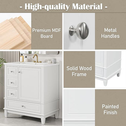 30" Vanity with Sink, Bathroom Vanities 30 Inch with Sink, Single Sink Bathroom Vanity with Shelf and Three Drawers, Soft Close Door, Restroom Vanity with Sink Top (White)