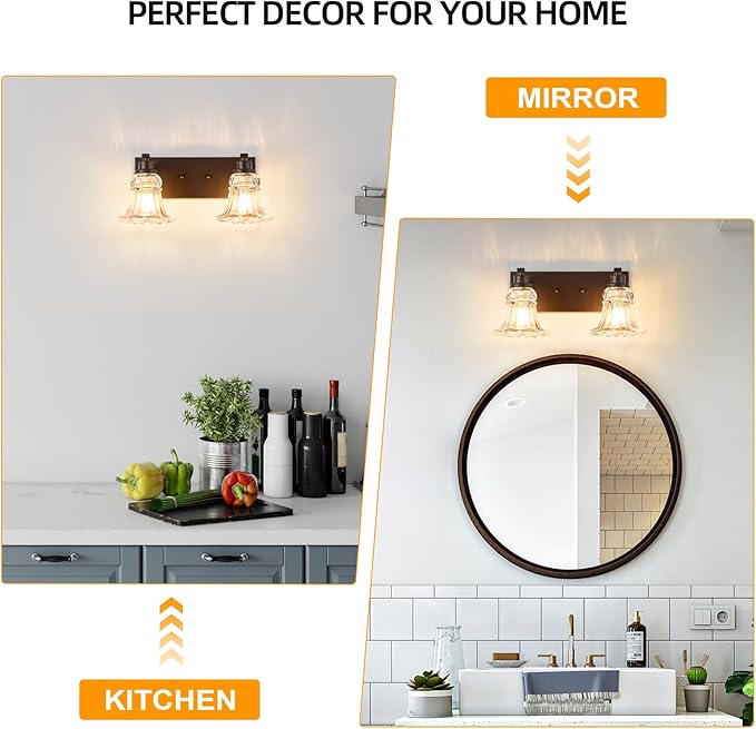 Vintage 2-Light Bathroom Vanity Light, Oil Rubbed Bronze Bathroom Light Fixtures with Floral Clear Glass Shades, Antique Wall Sconce Fixtures for Dressing Table, Bedroom
