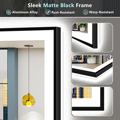 72x32 Black Framed LED Bathroom Mirror with Lights, Backlit and Front Lit Anti-Fog Lighted Vanity Mirrors for Bathroom Wall, Dimmable, 3 Colors, Memory, HD Tempered Glass, Horizontal/Vertical