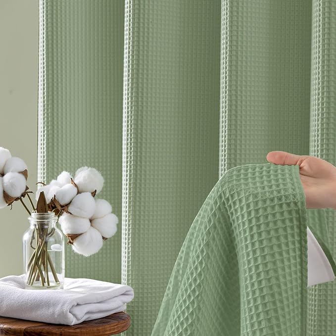 River Dream Cotton Blend Fabric Shower Curtain Set with Liner, Sage, 71x86 | Waffle Weave, No Hook Needed, with Snap in Replacement Liner, Top Sheer Window, Hotel Quality for Bathroom, Extra Long