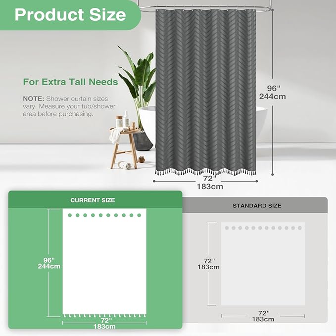Dynamene Extra Long Shower Curtains, 96 Inch Long Boho Tufted Chevron Striped Fabric Shower Curtains for Bathroom, Tall Minimalist Waterproof Cloth Shower Curtain Set with Hook, Charcoal Grey, 72x96