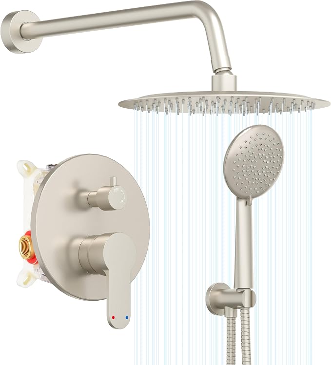 Gabrylly Shower Faucet Set, Shower System with Pressure Balance Shower Valve, 12" Rain Shower Heads with Handheld Spray, Wall Mounted Shower Fixtures, High Pressure Shower Head Set, Brushed Nickel