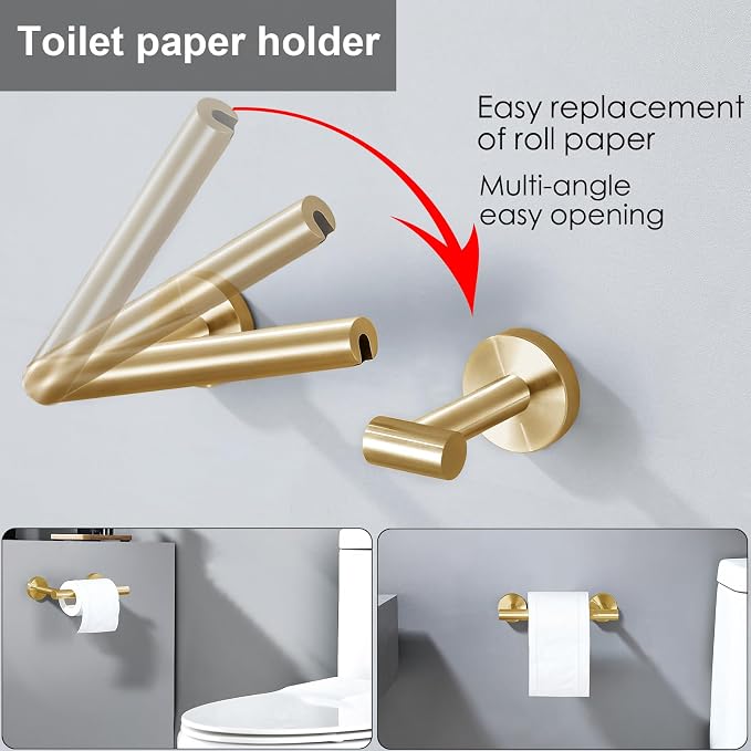 Brushed Gold Flip Toilet Paper Holder, Towel Ring Set 2 Pieces Hand Towel Holder for Bathroom Hardware Accessories Set SUS304 Stainless Steel Sturdy Wall Mount Bathroom Holder
