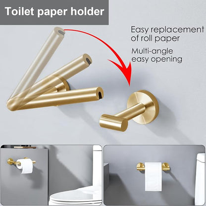 Brushed Gold Flip Toilet Paper Holder, Towel Ring Set 2 Pieces Hand Towel Holder for Bathroom Hardware Accessories Set SUS304 Stainless Steel Sturdy Wall Mount Bathroom Holder