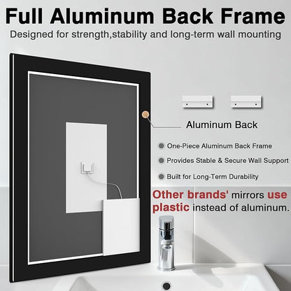 EchosLife 36x36 Square LED Bathroom Mirror - Black Aluminum Framed | Black Frame, Front and Backlit, Anti-Fog, Stepless Dimmable, 3 Colors, Memory, Tempered Glass, UL Listed, Horizontal/Vertical