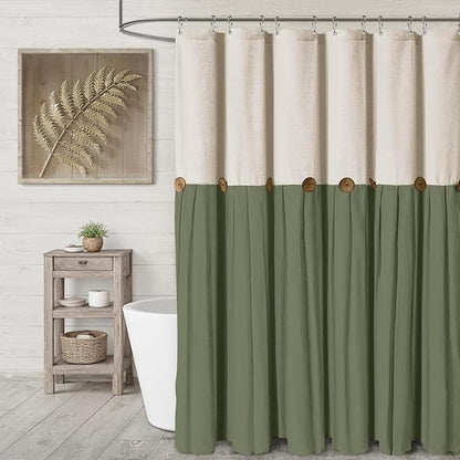 Farmhouse Shower Curtain Linen Button Cream-Green 72" W x 72" L | Farmhouse Style, Chic Button, Striped, Linen Fabric, Rustic, Country, Natural Look, Washable, for Bathroom Bathtub