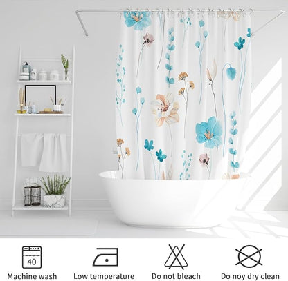 Light Blue Beige Watercolor Floral Fabric Shower Curtain, 72x72 | Waterproof Fabric, Modern Minimalist Floral Print, Machine Washable, Rustproof Grommets, for Bathroom