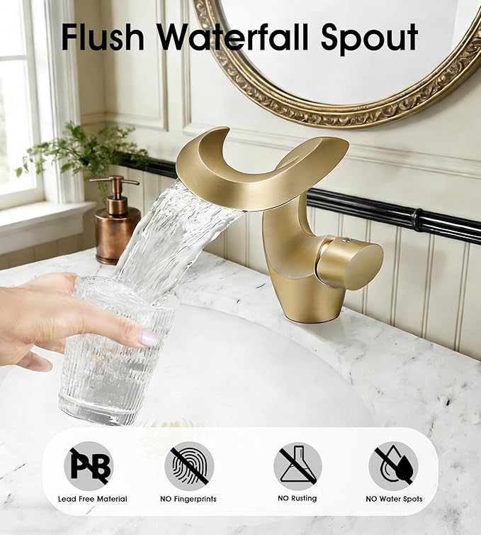 Elegant Alien Brushed Gold Bathroom Sink Faucet Single Hole,AUU Waterfall Vanity Sink Faucet Solid Brass,Single Handle Basin Tap with Pop Up Drian&Deck Plate