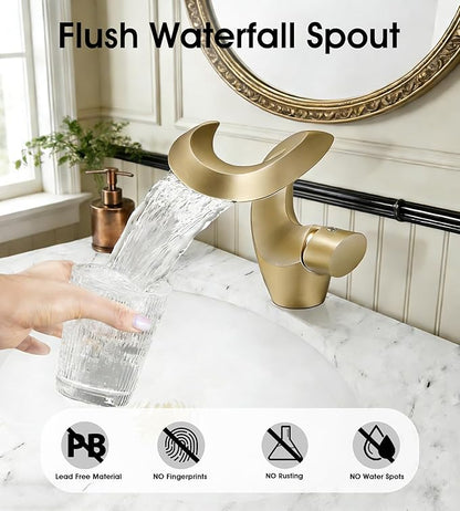 Elegant Alien Brushed Gold Bathroom Sink Faucet Single Hole,AUU Waterfall Vanity Sink Faucet Solid Brass,Single Handle Basin Tap with Pop Up Drian&Deck Plate