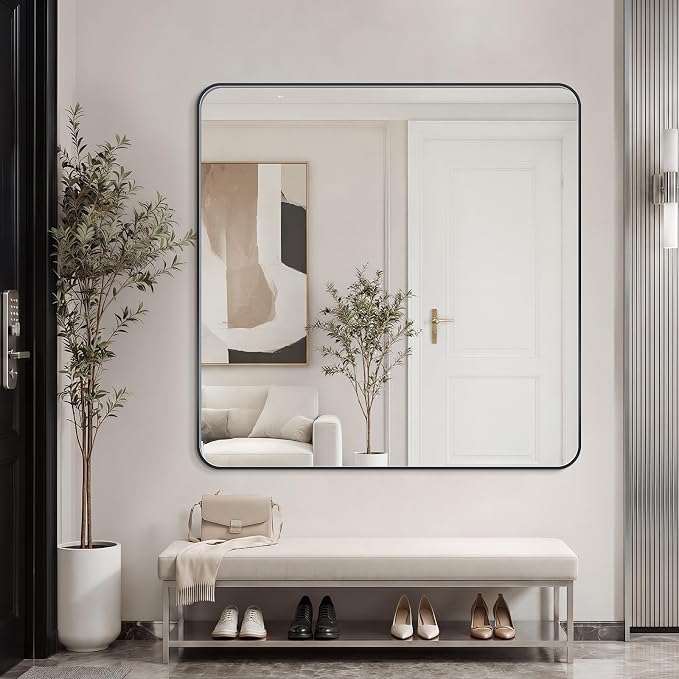 Bathroom Mirror 40"x40" Matte Black Rectangle Bathroom Wall Mirror for Over Sink, Modern Large Vanity Mirror, HD Tempered Glass, Anti-Rust Aluminum Alloy Frame, for Living Room, Bedroom, Entryway