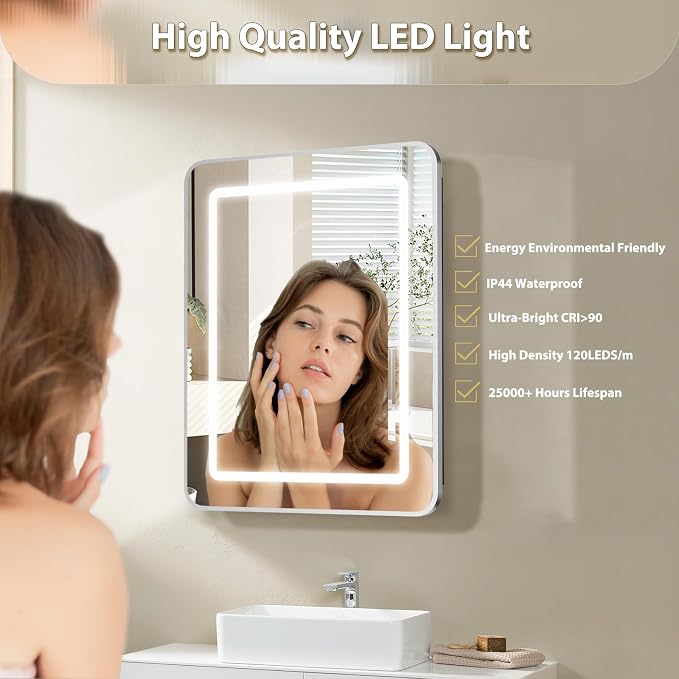 ROOMTEC 16 x 24 Inch Medicine Cabinet Mirror with LED Lights, Silver Bathroom Medicine Cabinet with Mirror and Storage, Recessed or Wall Mount, 3 Color Temperature, Dimmable Light