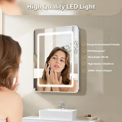 ROOMTEC 16 x 24 Inch Medicine Cabinet Mirror with LED Lights, Silver Bathroom Medicine Cabinet with Mirror and Storage, Recessed or Wall Mount, 3 Color Temperature, Dimmable Light