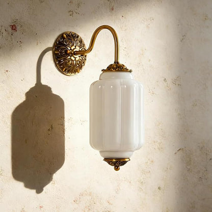 Vintage Milk Glass Wall Sconce Set of Two, H15" Hardwired White Bathroom Sconce with Gold Carved Metal, Antique Retro Wall Lamp for Bedroom, Living Room, Hallway, E12 Bulb, Warm Light (White 2Pack)